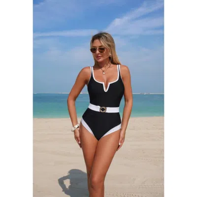 Truedames One Piece Color Block Metal Buckle Belt Swimsuit In Black