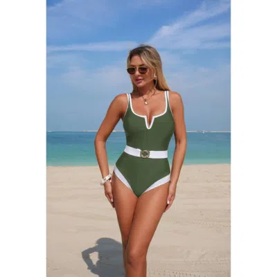 Truedames One Piece Color Block Metal Buckle Belt Swimsuit In Pink