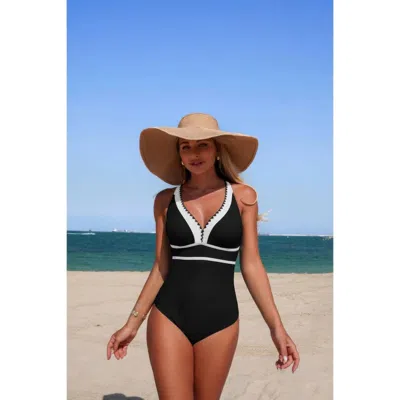 Truedames One Piece Color Block V Neck Stretch Swimsuit In Black