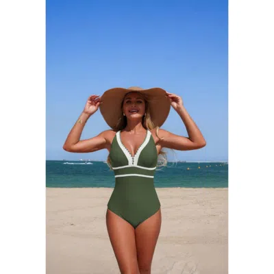 Truedames One Piece Color Block V Neck Stretch Swimsuit In Green