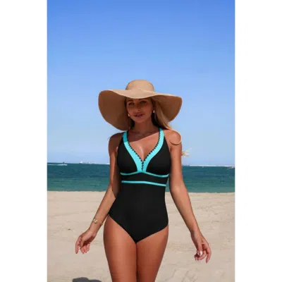 Truedames One Piece Color Block V Neck Stretch Swimsuit In Multi