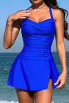 Truedames One Piece Ruched Crossover Sleeveless Swimsuit In Blue