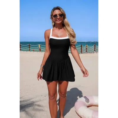 Truedames One Piece Solid Elastic Sleeveless Skirt Swimsuit In Black