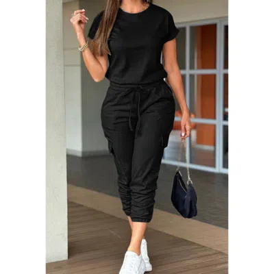 Truedames One Piece Solid Round Neck Shirt Drawstring Jumpsuit In Black