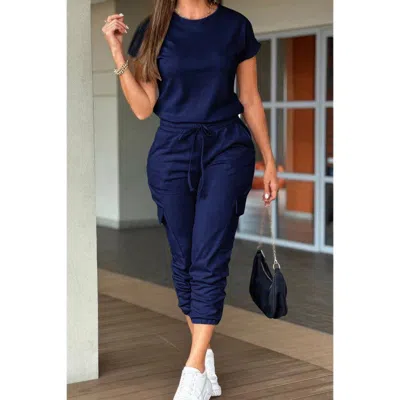 Truedames One Piece Solid Round Neck Shirt Drawstring Jumpsuit In Blue