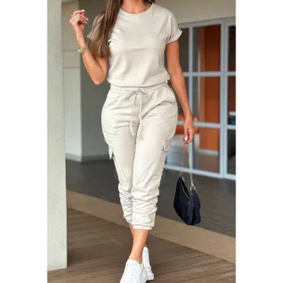 Truedames One Piece Solid Round Neck Shirt Drawstring Jumpsuit In Neutral