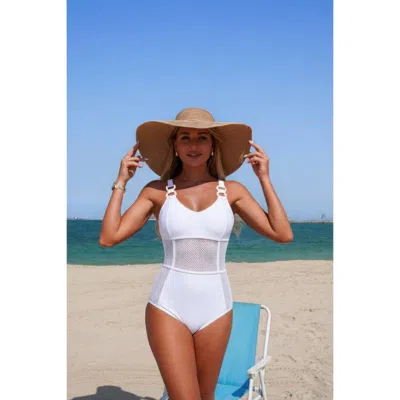 Truedames One Piece Tummy Control Mesh Cross Swimsuit In White