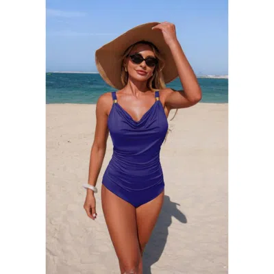 Truedames One Piece V Neck Ruched Tummy Control Swimsuit In Blue