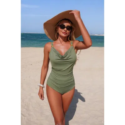 Truedames One Piece V Neck Ruched Tummy Control Swimsuit In Green