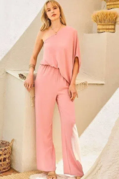 Truedames One Shoulder 3/4 Sleeve Unbalanced Waist Elastic Solid Pants Jumpsuit In Multi