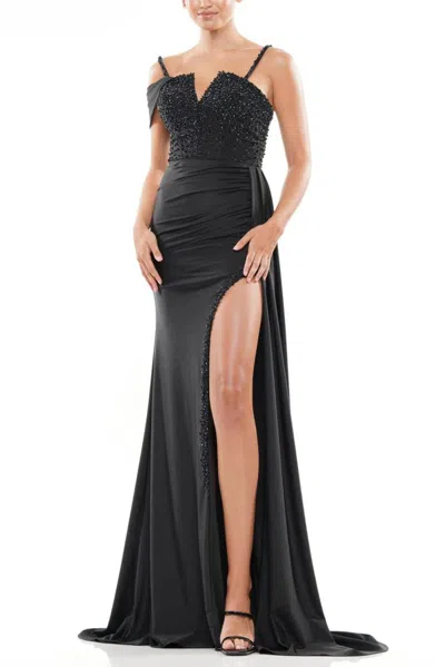 Truedames One Shoulder Beaded Bodice Front Slit Gown In Multi
