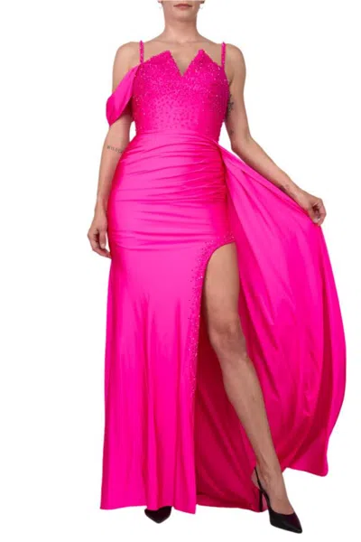 Truedames One Shoulder Beaded Bodice Front Slit Gown In Pink