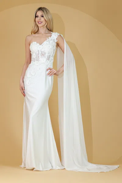 Truedames One Shoulder Cape Floral Carpet Evening Gown In White