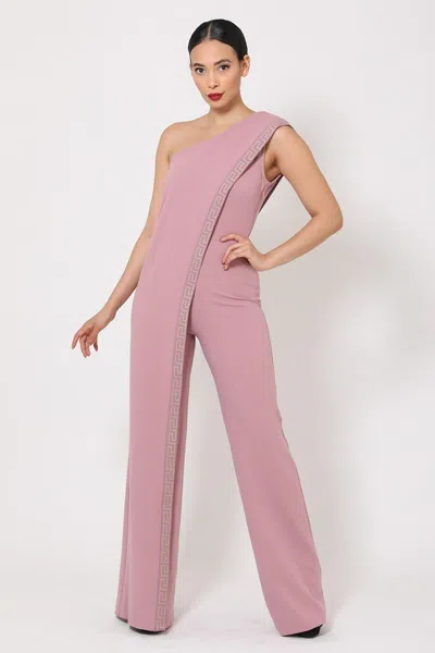 Truedames One Shoulder Greek Border Pattern Jumpsuit In Pink
