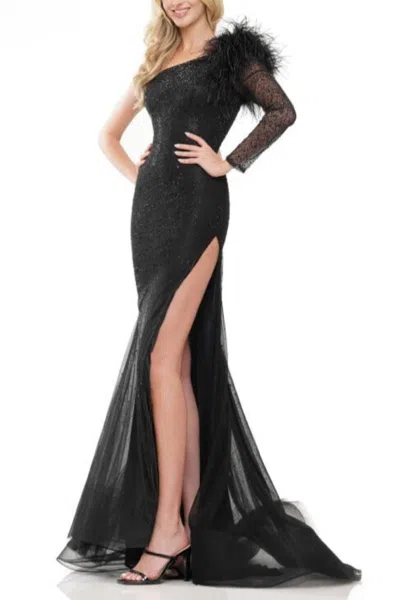 Truedames One Shoulder Mesh Long Sleeve And Feathers Mermaid Gown In Black
