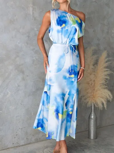 Truedames One Shoulder Printed Dress With Slit In Blue