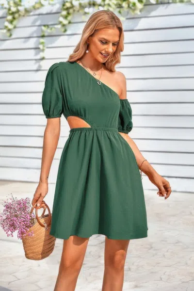 Truedames One Shoulder Puff Sleeve A Line Dress In Green