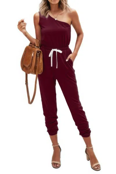 Truedames One Shoulder Sleeveless Elastic Waist Jumpsuit In Burgundy