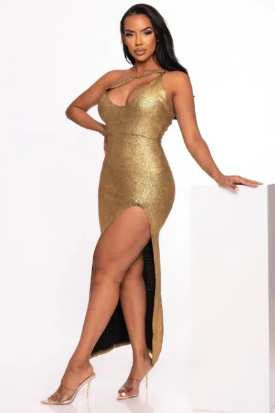 Truedames One Shoulder Slit Maxi Dress In Gold