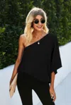 Truedames Solid Asymmetrical Collar Dolman Tunic Top In Black