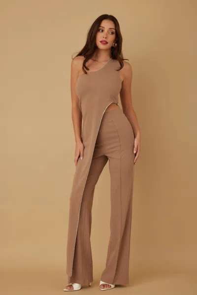 Truedames One Shoulder Strap Draped Layer W Rhinestone Sets In Brown