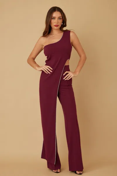 Truedames One Shoulder Strap Draped Layer W Rhinestone Sets In Burgundy