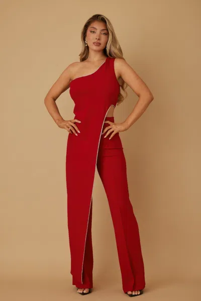 Truedames One Shoulder Strap Draped Layer W Rhinestone Sets In Red