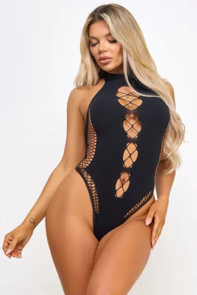 Truedames Open Back & Fishnet Bodysuit In Blue