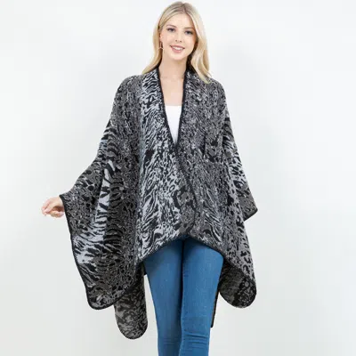 Truedames Open Front Animal Print Shawl Wrap Poncho With Loop In Black