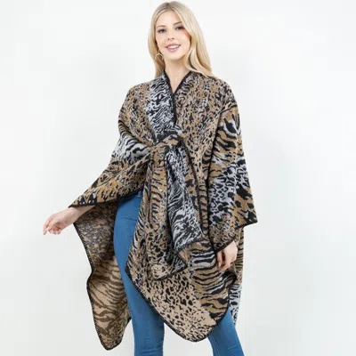 Truedames Open Front Animal Print Shawl Wrap Poncho With Loop In Grey