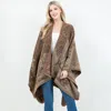 Truedames Open Front Baroque Floral Border Print Shawl Wrap Poncho With Loop In Brown