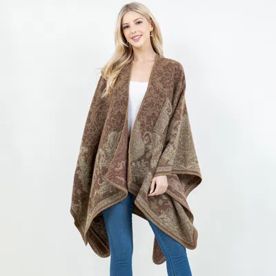 Truedames Open Front Baroque Floral Border Print Shawl Wrap Poncho With Loop In Brown