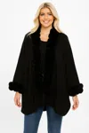 Truedames Open-front Cape With Pom Faux Fur Trim In Black