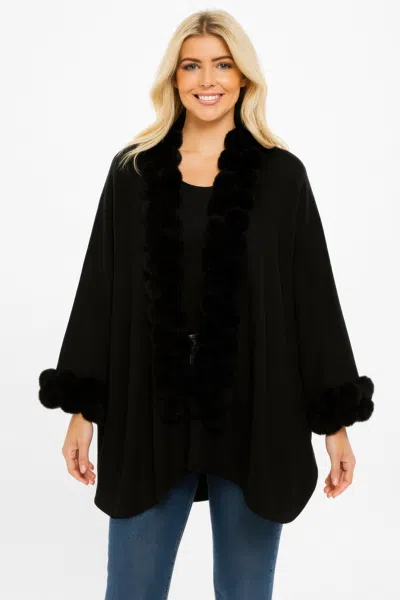Truedames Open-front Cape With Pom Faux Fur Trim In Black