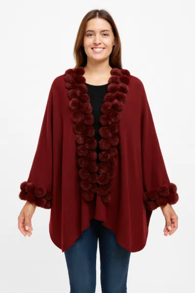 Truedames Open-front Cape With Pom Faux Fur Trim In Red