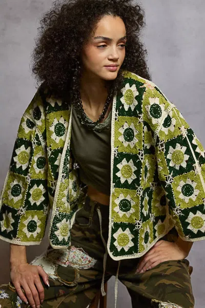 Truedames Open Front Cardigan With Varied Patterns In Green