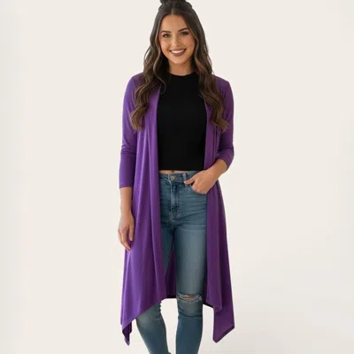 Truedames Open Front Draped Long Solid Cardigan In Purple