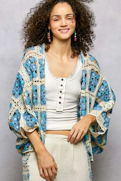 Truedames Open Front Floral Crochet Cardigan In Blue