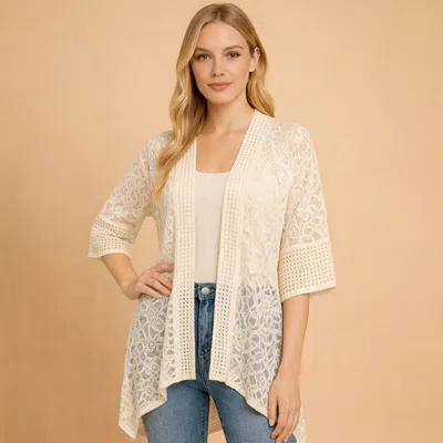 Truedames Open Front Floral Lace Crochet Kimono Cardogan In White