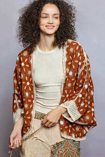 Truedames Open Front Floral Pattern Crochet Cardigan In Brown