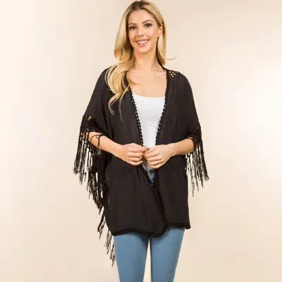 Truedames Open Front Fringe Embroidered Kimono Poncho Cardigan In Black