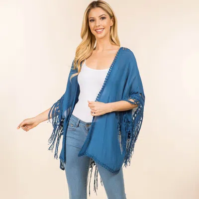 Truedames Open Front Fringe Embroidered Kimono Poncho Cardigan In Blue