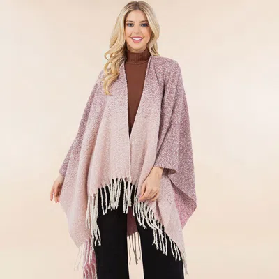 Truedames Open Front Fringe Trim Ombre Ruana Poncho In Pink