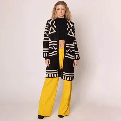 Truedames Open Front Geometric Aztec Pattern Long Cardigan In Black