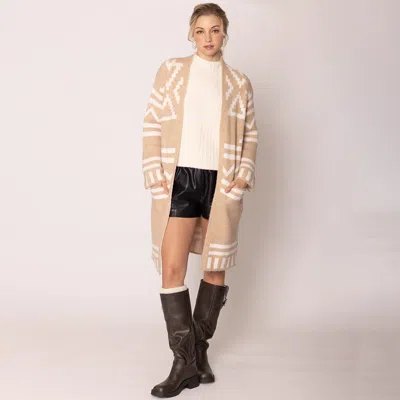 Truedames Open Front Geometric Aztec Pattern Long Cardigan In Brown