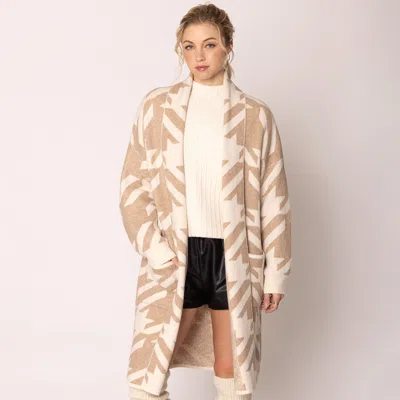 Truedames Open Front Houndstooth Pattern Long Cardigan In Brown