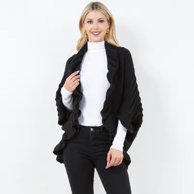 Truedames Open Front Ruffled Knit Shawl Wrap Poncho In Black