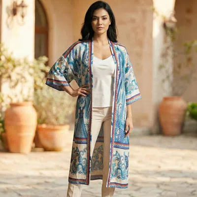 Truedames Open Front Silk Feel Ethnic Pattern Kimono Cover Up Poncho In Blue
