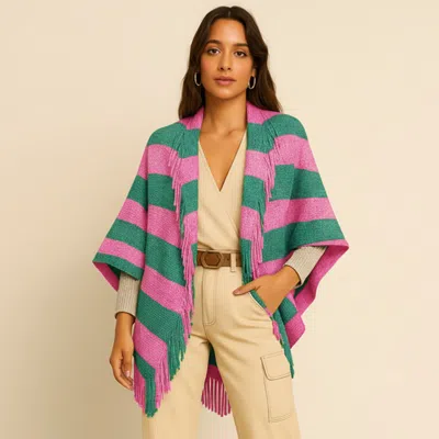 Truedames Open Front Striped Fringe Cocoon Shawl Wrap In Pink