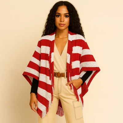 Truedames Open Front Striped Fringe Cocoon Shawl Wrap In Red